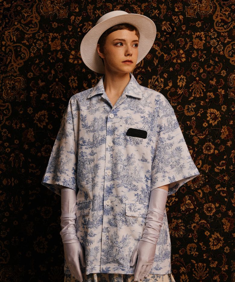 [UNISEX] Printed Linen-Blend Short-Sleeved Jacket (White)
