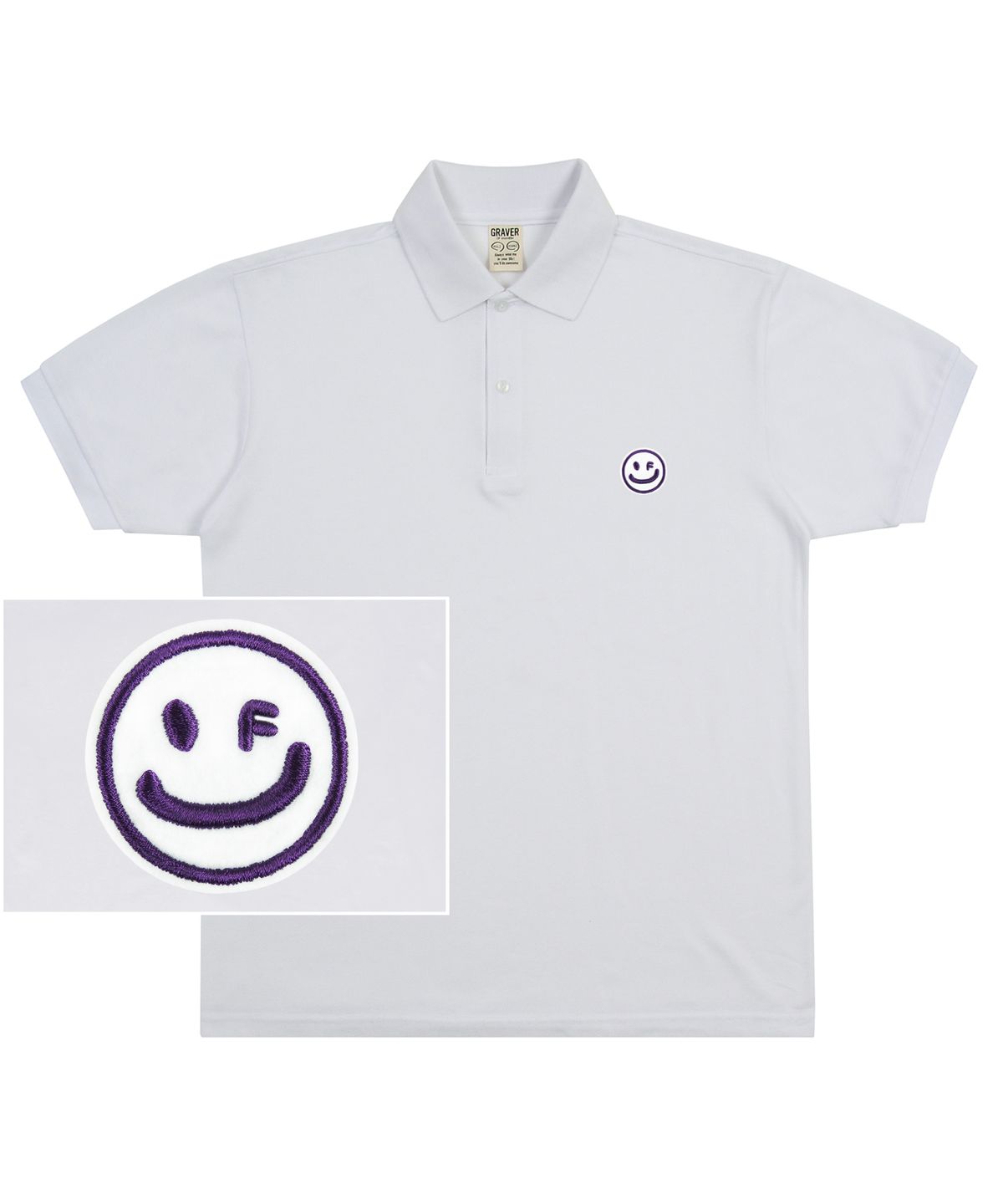 그레이버(GRAVER) [UNISEX]드로잉 스마일 퍼플 자수 피케 반팔티셔츠_화이트
