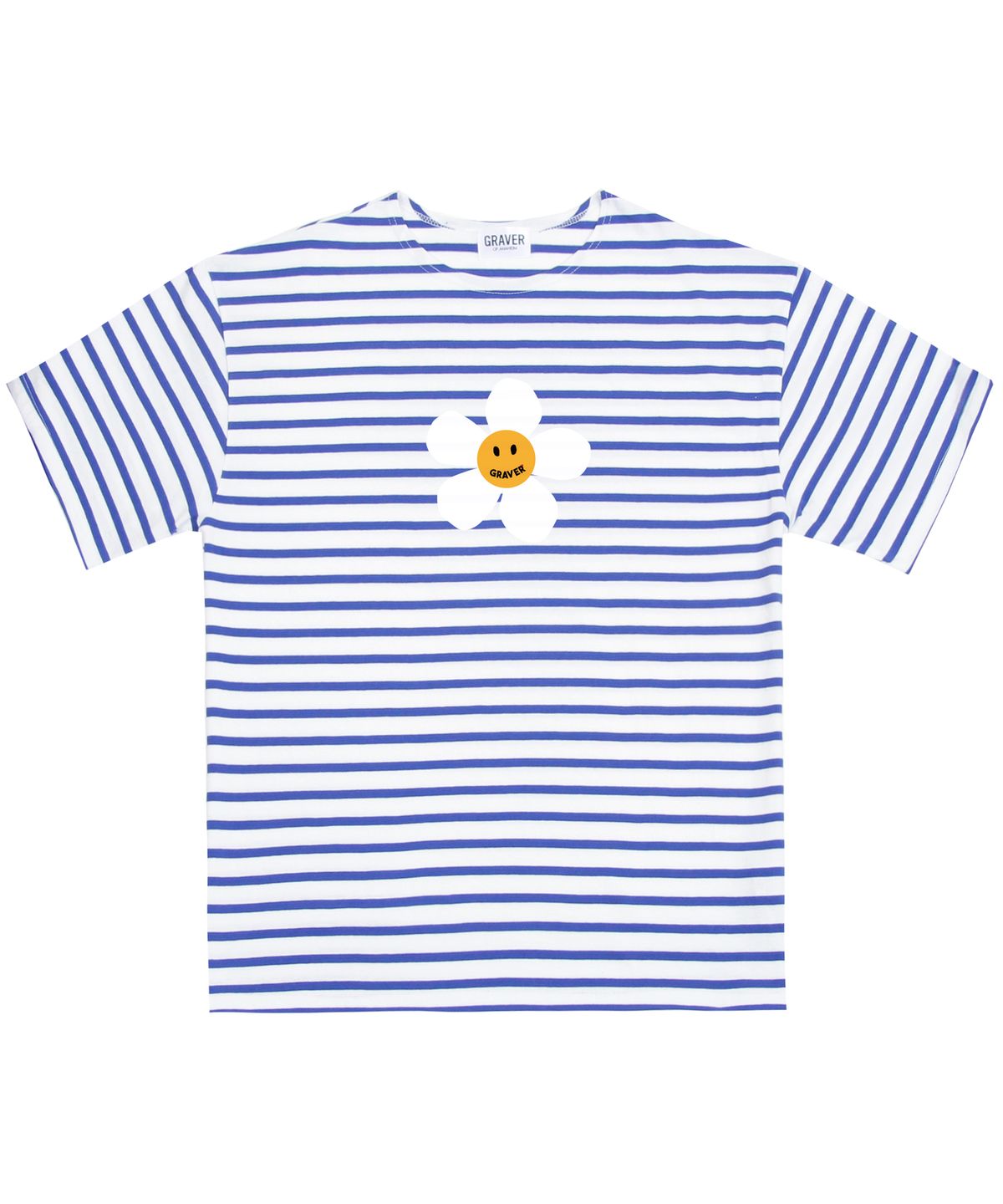 그레이버(GRAVER) [UNISEX]빅 플라워도트 로고스마일 스트라이프 반팔티_블루