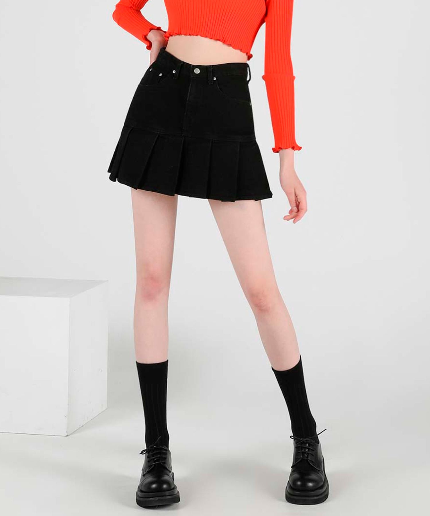 MUSINSA | AVANDRESS PLEATS DENIM SKIRT BLACK