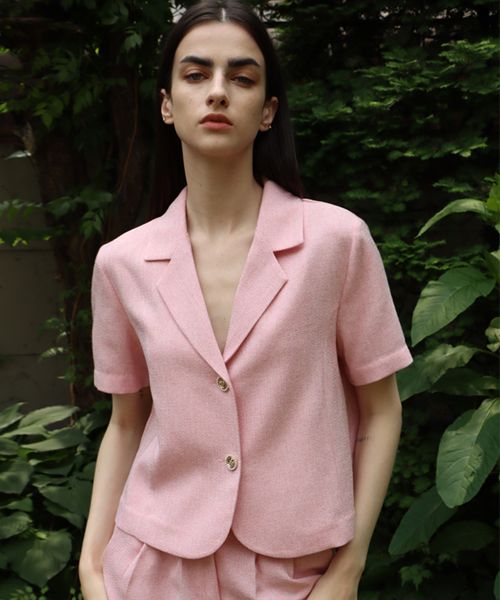 MUSINSA DAMAGE MNEMONIC Fancy Tweed Pink Short Sleeve Jacket