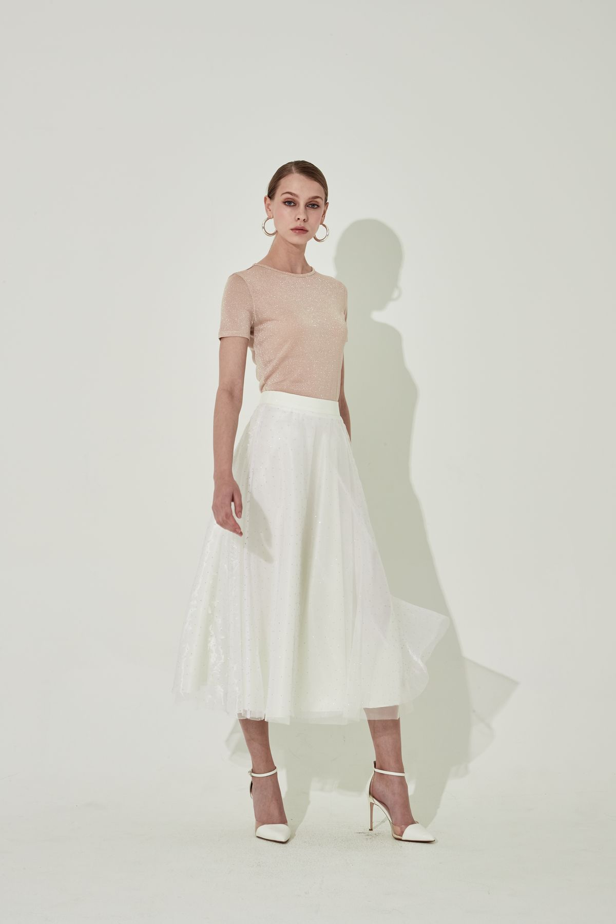 채뉴욕(CHAENEWYORK) Silver Stud Flare Skirt [White]