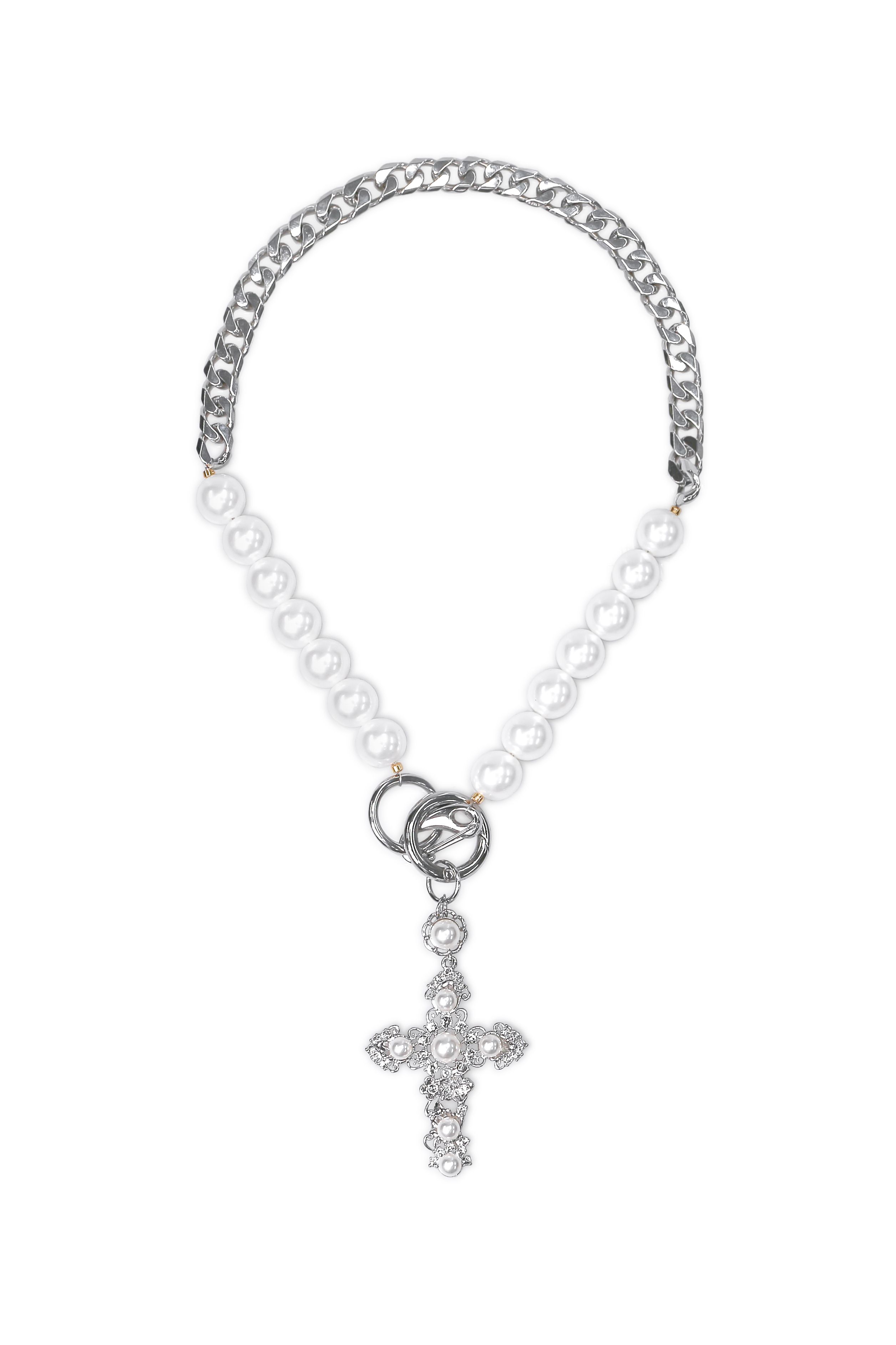 MUSINSA | BLACK PURPLE Halfribo Pearl Cross Pendant Necklace