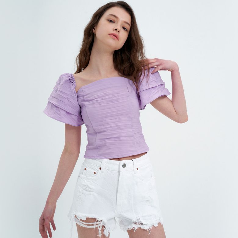 shirr square neck off-shoulder blouse lilac