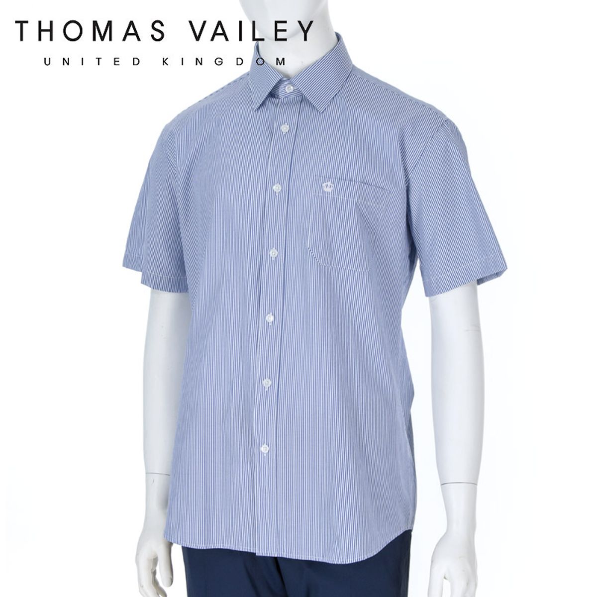 토마스 베일리(THOMAS VAILEY) 남성드레스셔츠-스트라이프 반팔 셔츠 블루 레귤러핏 1THTHF2MSU344