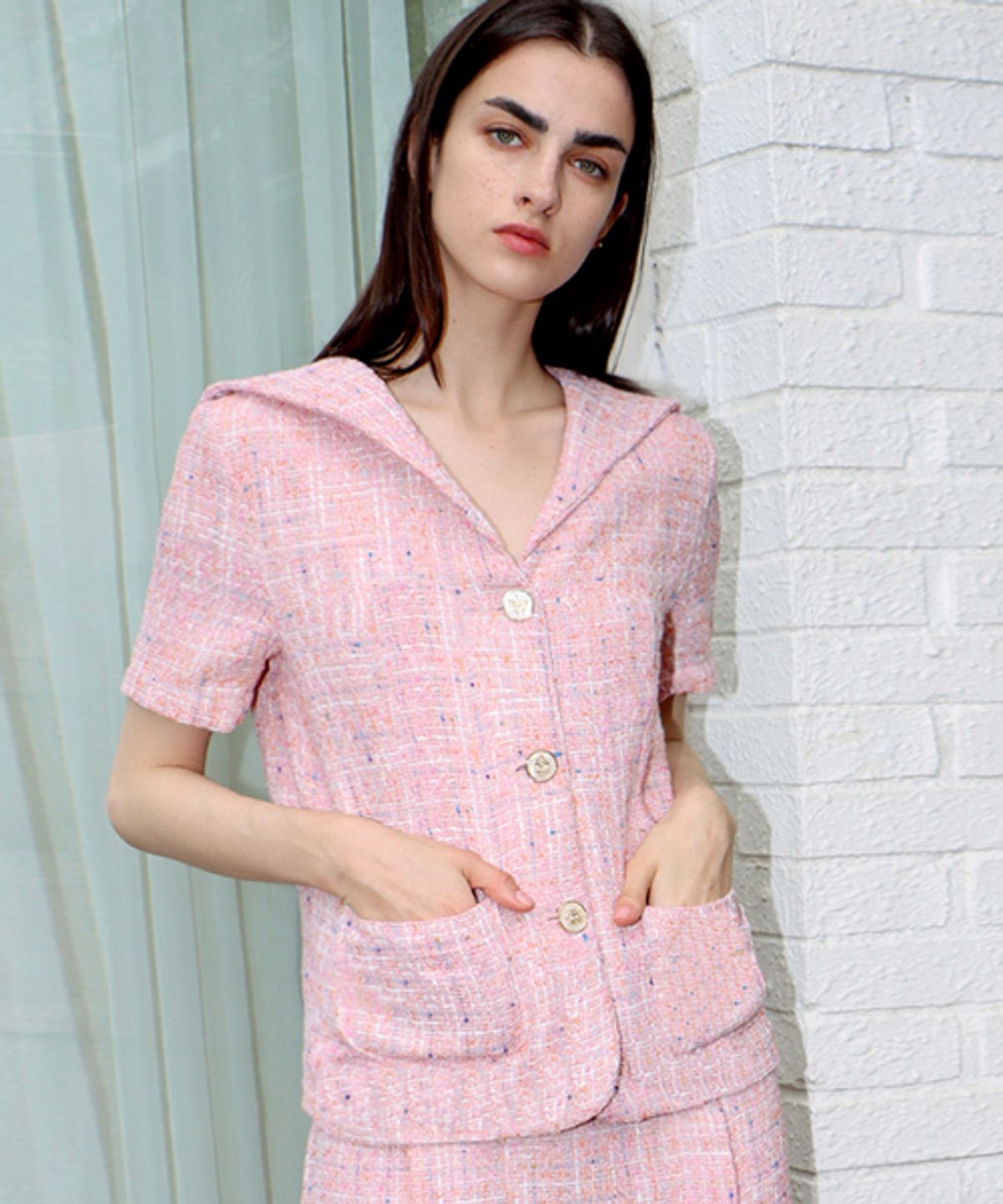 데미지니모닉(DAMAGE MNEMONIC) 세일러 트위드 핑크 자켓_Sailor collar Tweed Pink JK