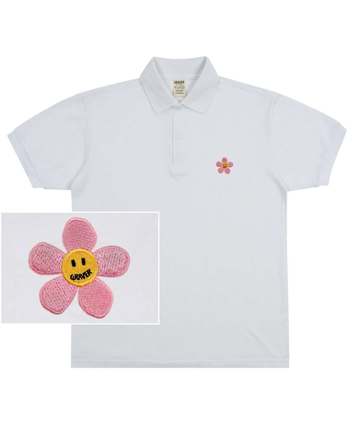그레이버(GRAVER) [UNISEX]핑크 플라워도트 자수 피케 반팔티셔츠_화이트
