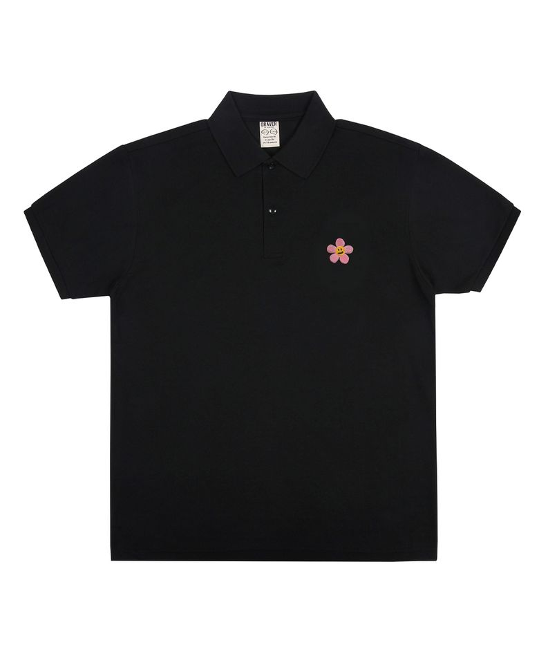 [UNISEX]핑크 플라워도트 자수 피케 반팔티셔츠_블랙