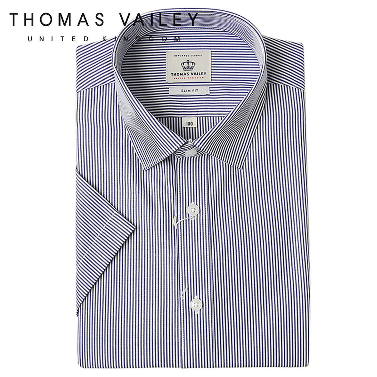 토마스 베일리(THOMAS VAILEY) 남성드레스셔츠-스트라이프 슬림핏 반팔셔츠 네이비 F334