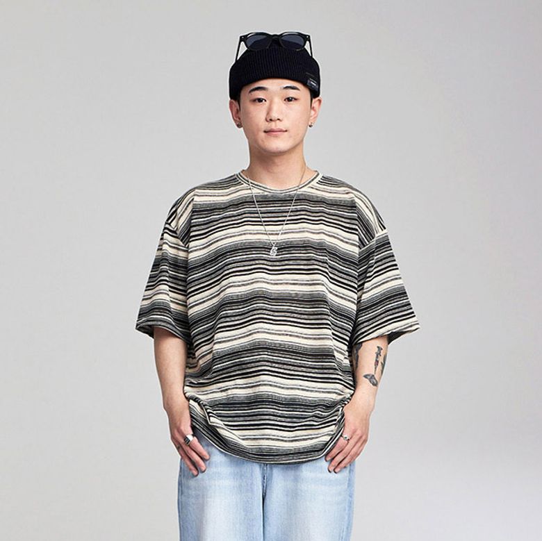 썸머 스트라이프 린넨 반팔티셔츠 (블랙)