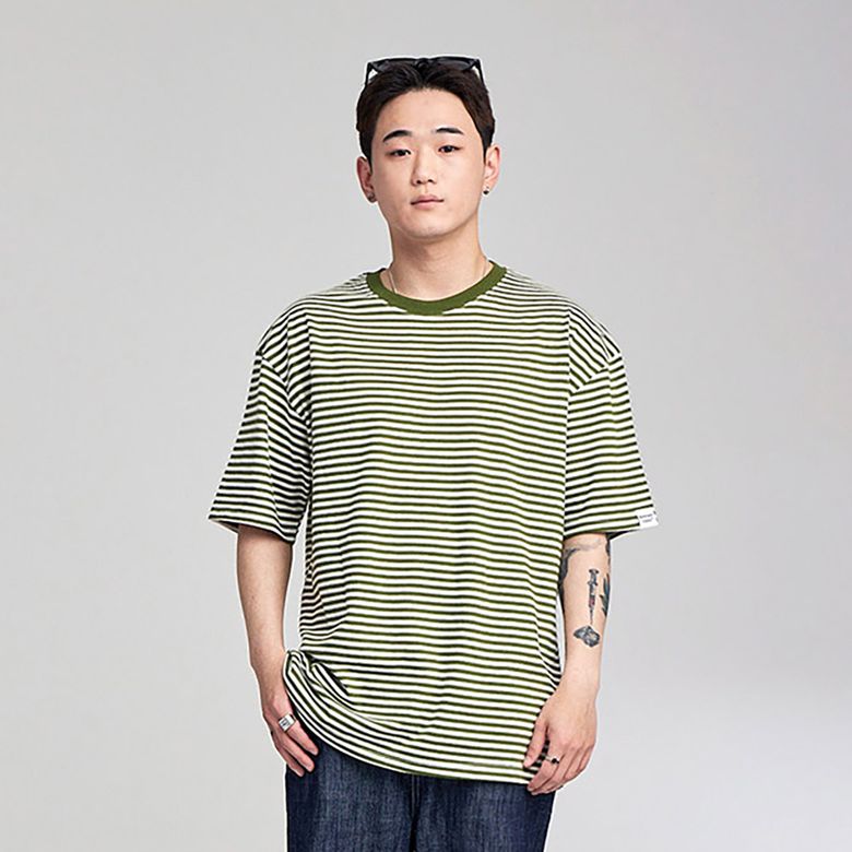 슬리브 포인트 스트라이프 반팔티셔츠 (카키)