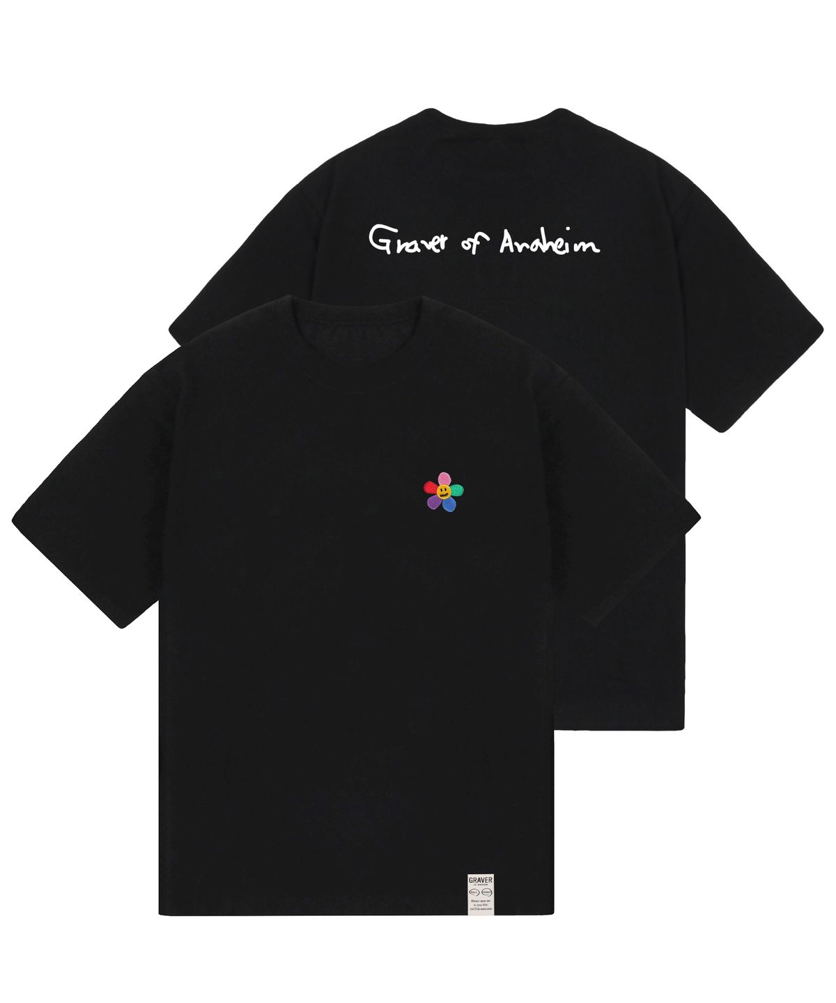 그레이버(GRAVER) [UNISEX]레인보우 플라워 자수 백로고 반팔티_블랙