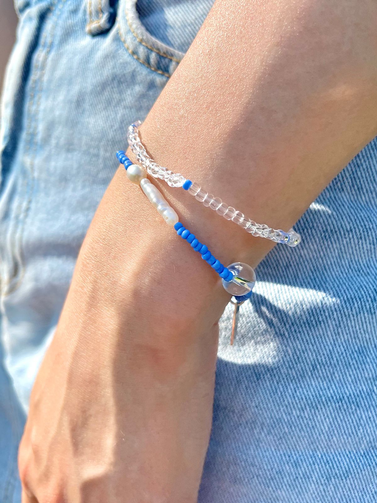 리엔느와르(leeENoir) [2SET] Aqua Blue Pearl Bracelet