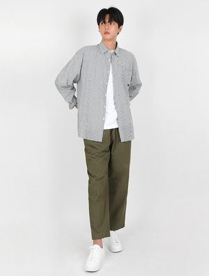 UNISEX 세미오버핏 핀스트라이프 포켓자수 셔츠 블랙(FCB3SH308M)