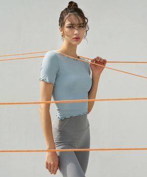 여성 요가복 DEVI-T0061-페일민트 필라테스 슬림 반팔 물결티