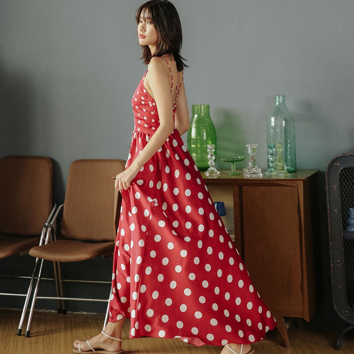 랭썬(LANGSON) White dot wide red dress