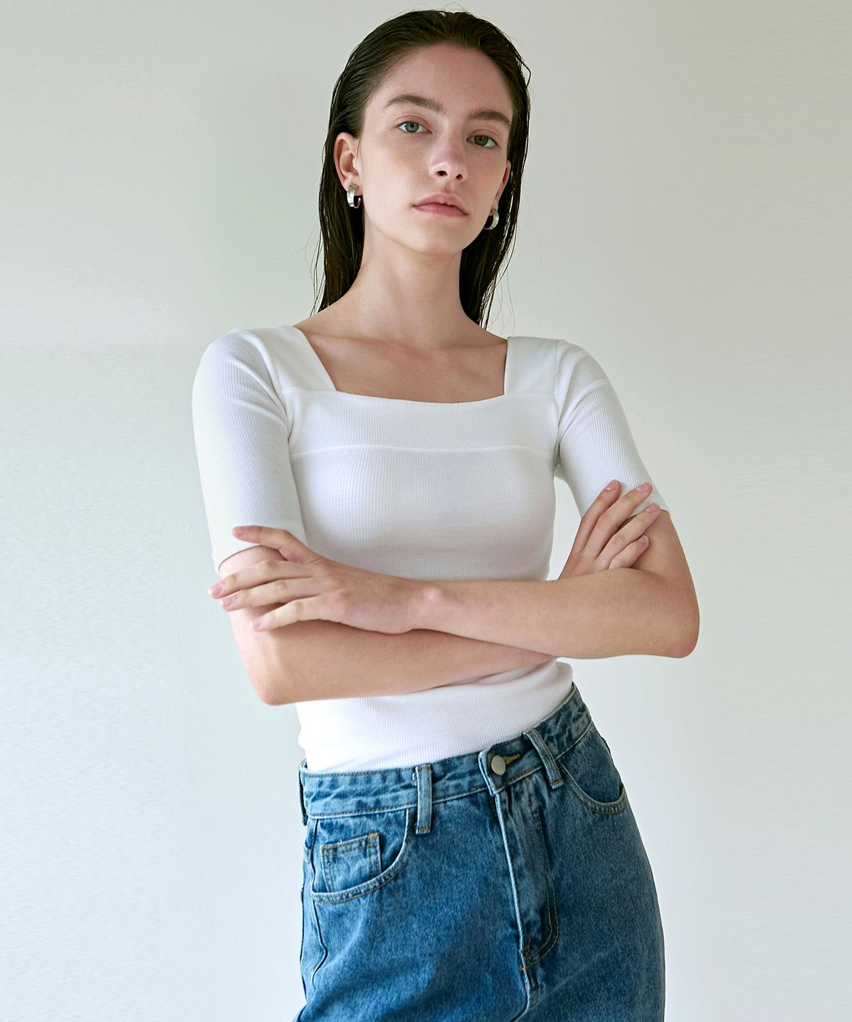 닉앤니콜(NICK&NICOLE) SQUARE NECK SLIM KNIT_WHITE