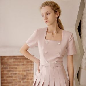 YY retro square collar dress PINK