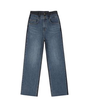 투버튼 배색 와이드 데님 팬츠