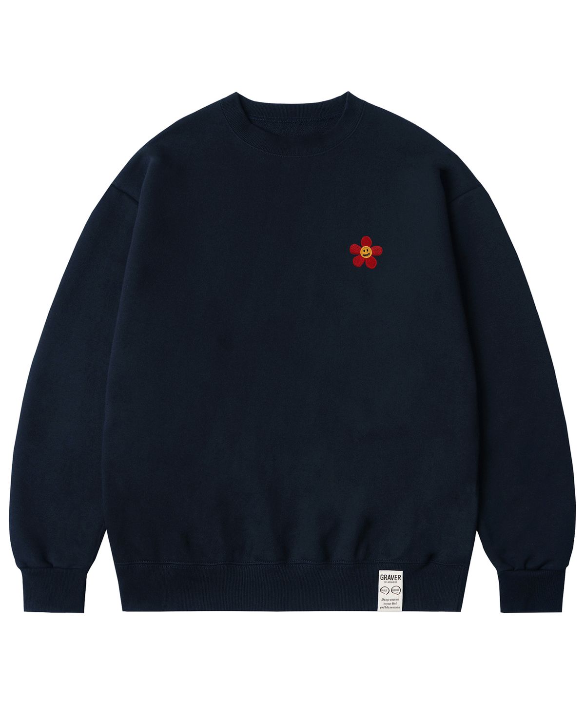 그레이버(GRAVER) [UNISEX]레드 플라워 스마일 자수 맨투맨_네이비