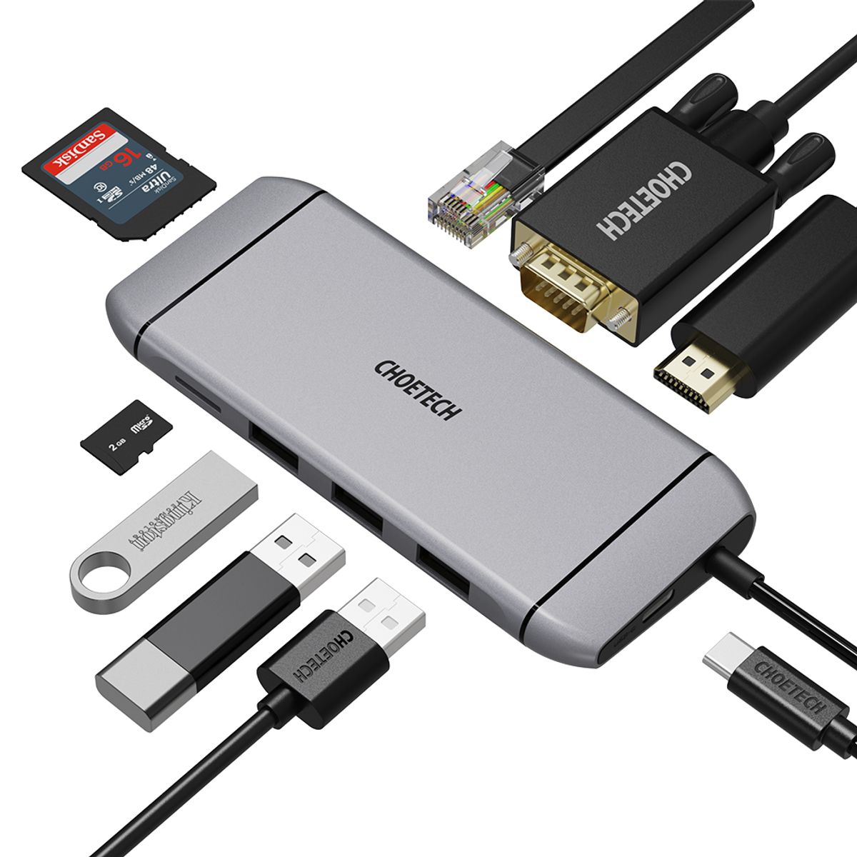 초텍(CHOETECH) 9in1 C타입 to 어댑터 허브 HUB-M15-GY