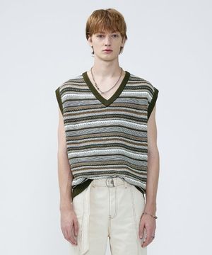 Mixed Weaving Knit Vest - KHAKI