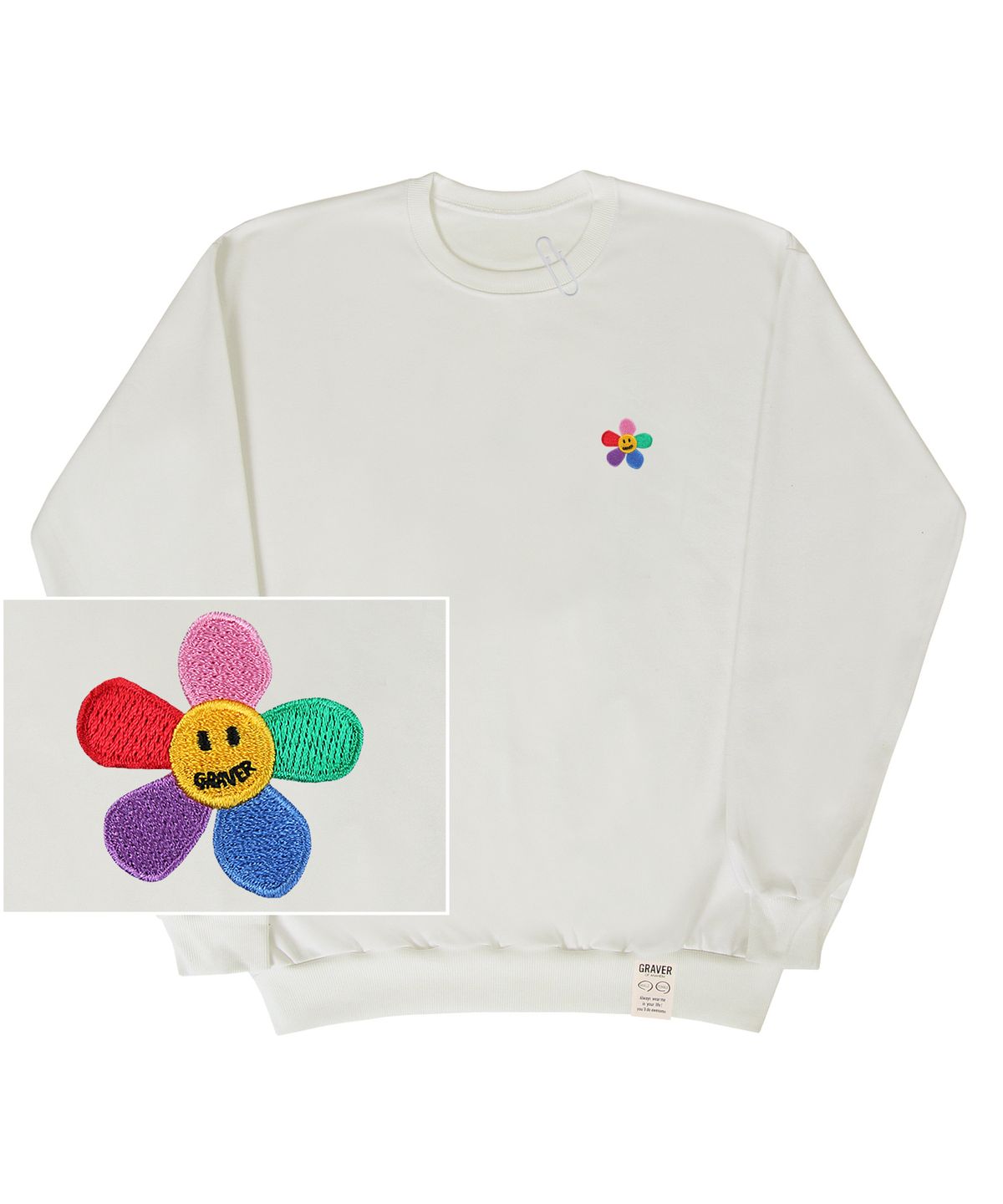 그레이버(GRAVER) [UNISEX]레인보우 플라워 스마일 자수 맨투맨_아이보리