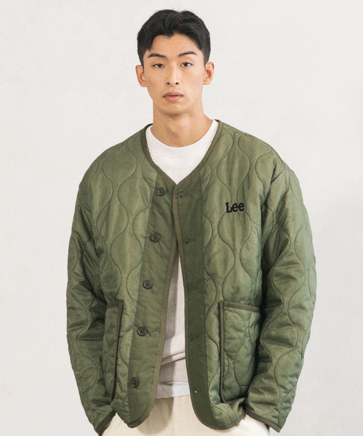 리(LEE) 트위치로고 노카라 퀼팅 자켓 카키