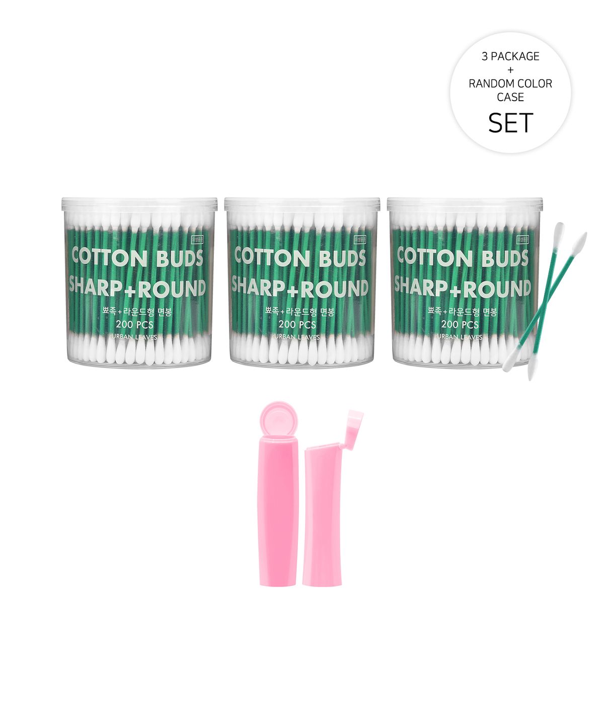 어반리브즈(URBAN LEAVES) 순면면봉 (뾰족+라운드) 3통(600매)+면봉케이스 1개 (2색 랜덤 1)