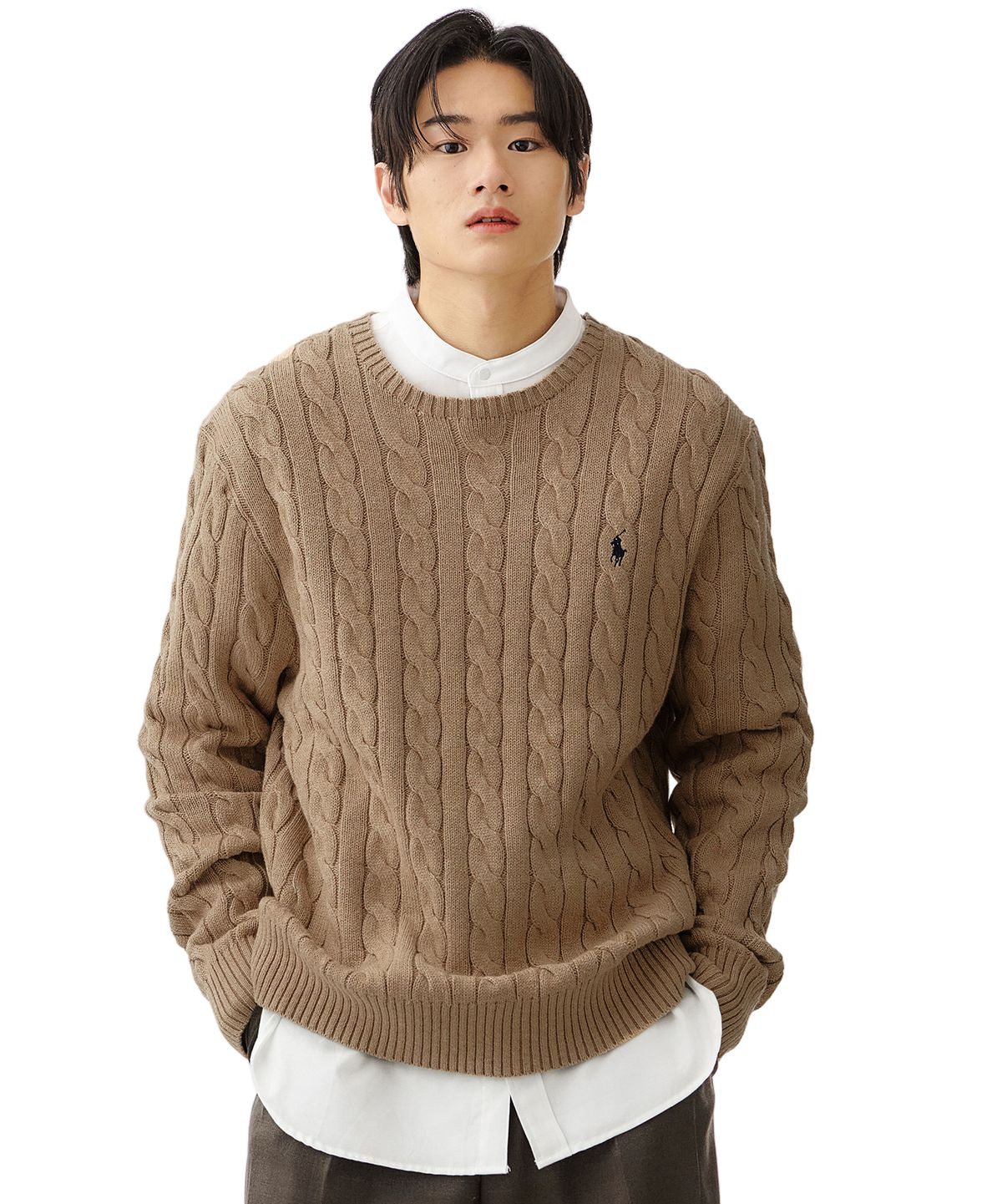 폴로 랄프 로렌(POLO RALPH LAUREN) 케이블니트 코튼 스웨터 - 브라운