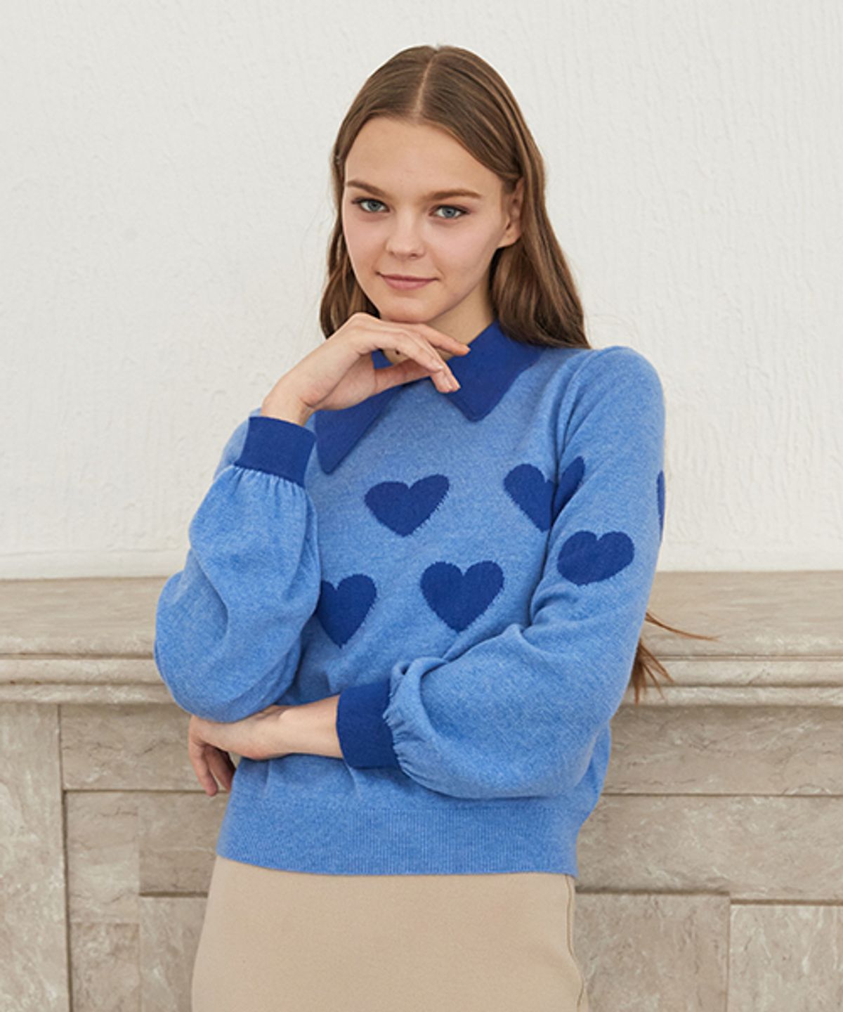 샤인온유(SHINE ON YOU) heart jacquard cashmere collar top_clear sky