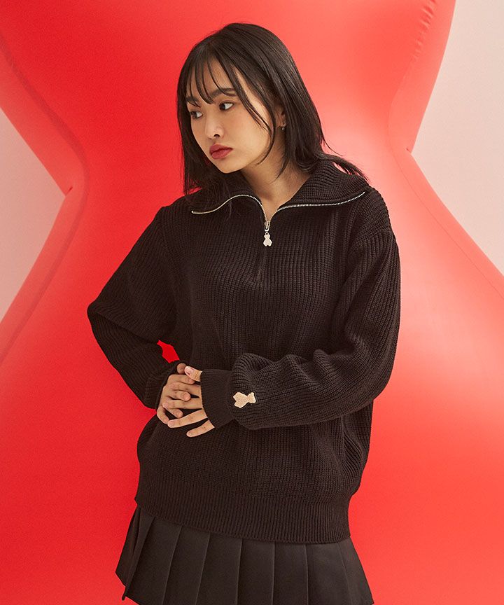 AQO STUDIO SPACE ★Bear Cable Half Knit MUSINSA | AQO STUDIO SPACE AQO BEAR HALF ZIP-UP KNIT BLACK