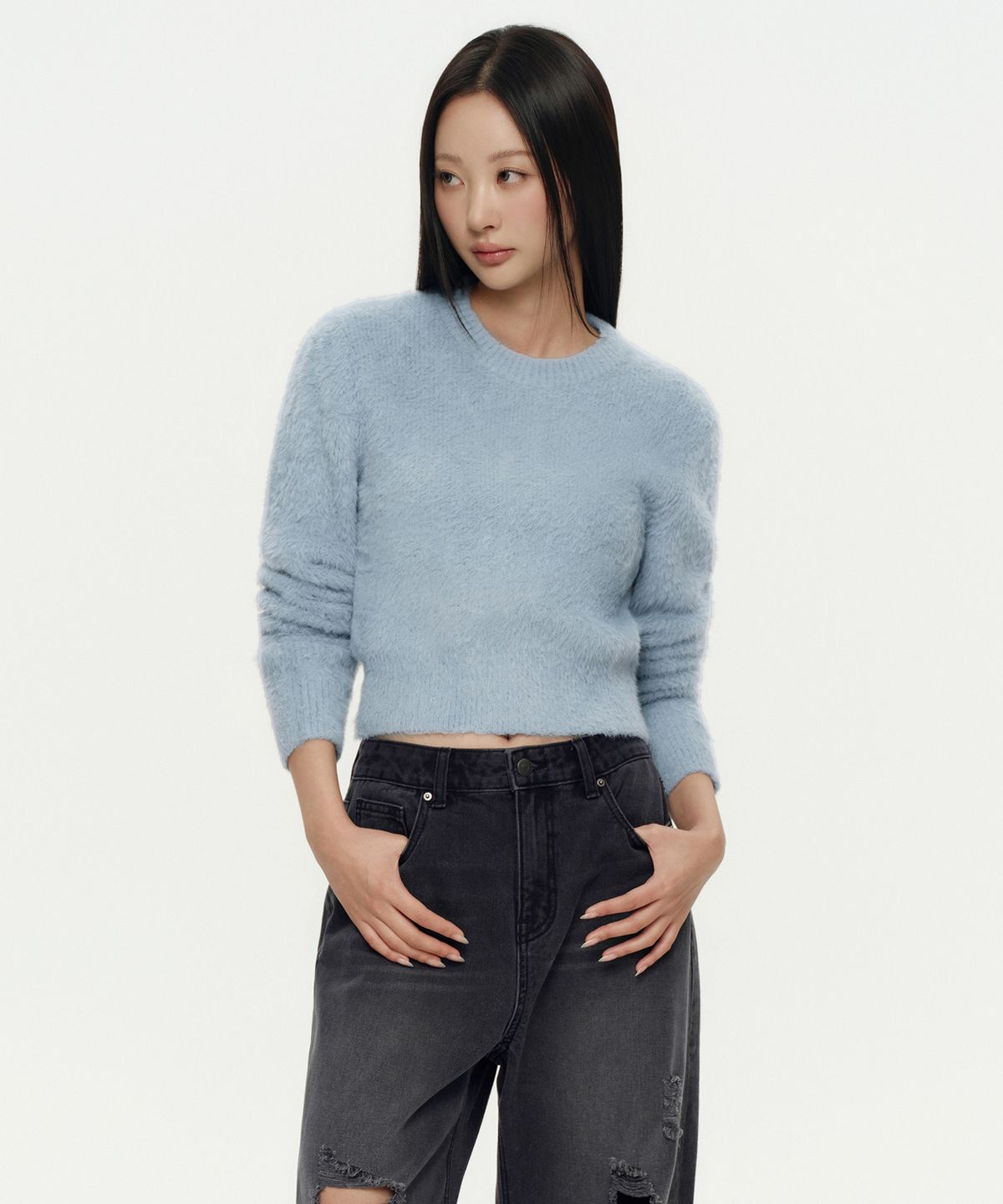 무신사 스탠다드 우먼(MUSINSA STANDARD WOMAN) 우먼즈 퍼지 크루 넥 니트 [블루 그레이]