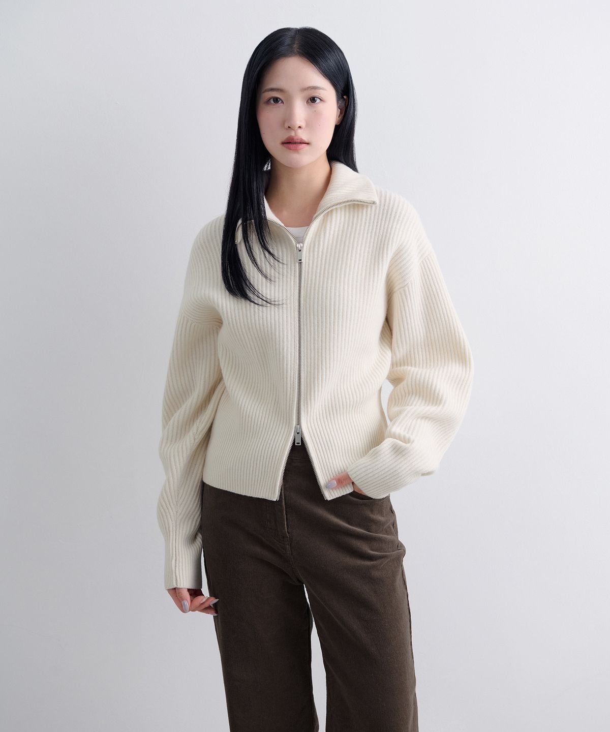 무신사 스탠다드 우먼(MUSINSA STANDARD WOMAN) 우먼즈 램스울 리브드 니트 집업 [아이보리]