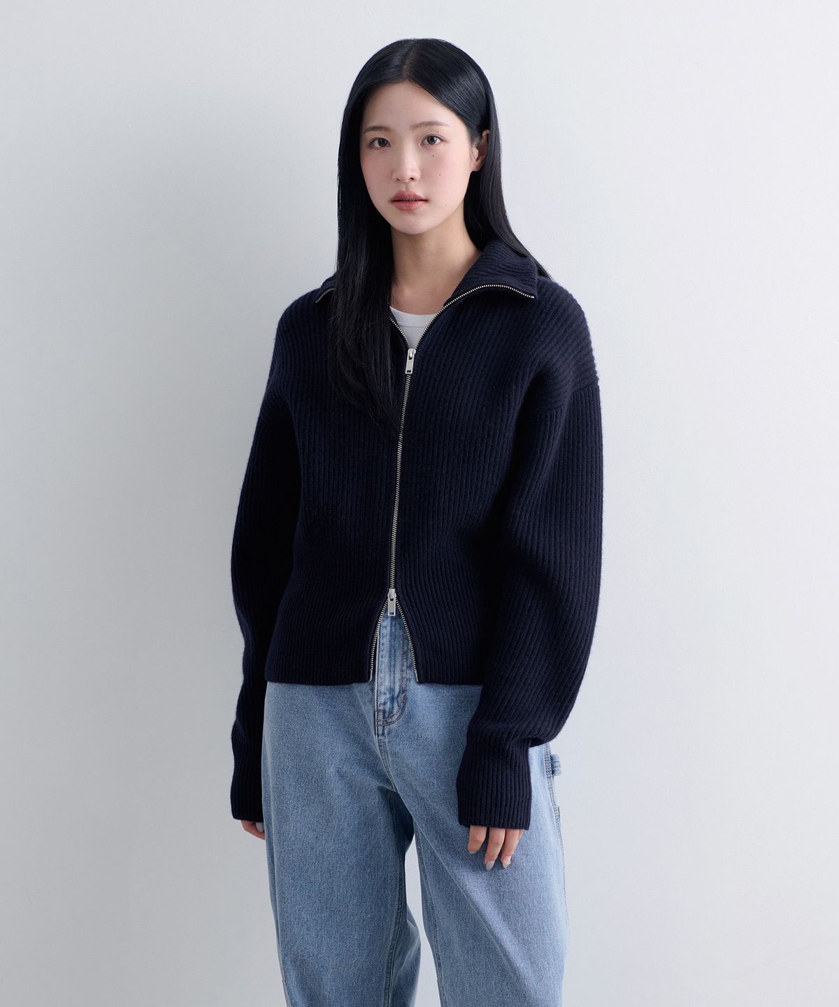무신사 스탠다드 우먼(MUSINSA STANDARD WOMAN) 우먼즈 램스울 리브드 니트 집업 [네이비]