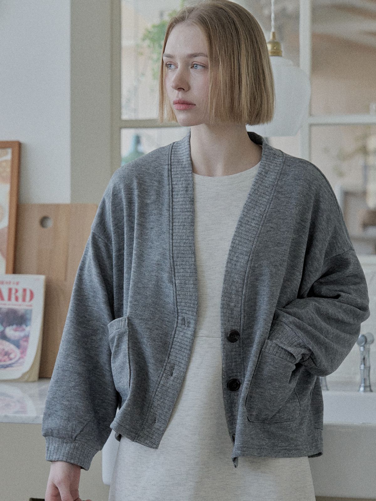 아방(AVANT-G) Overfit Basic Knit Cardigan - Grey