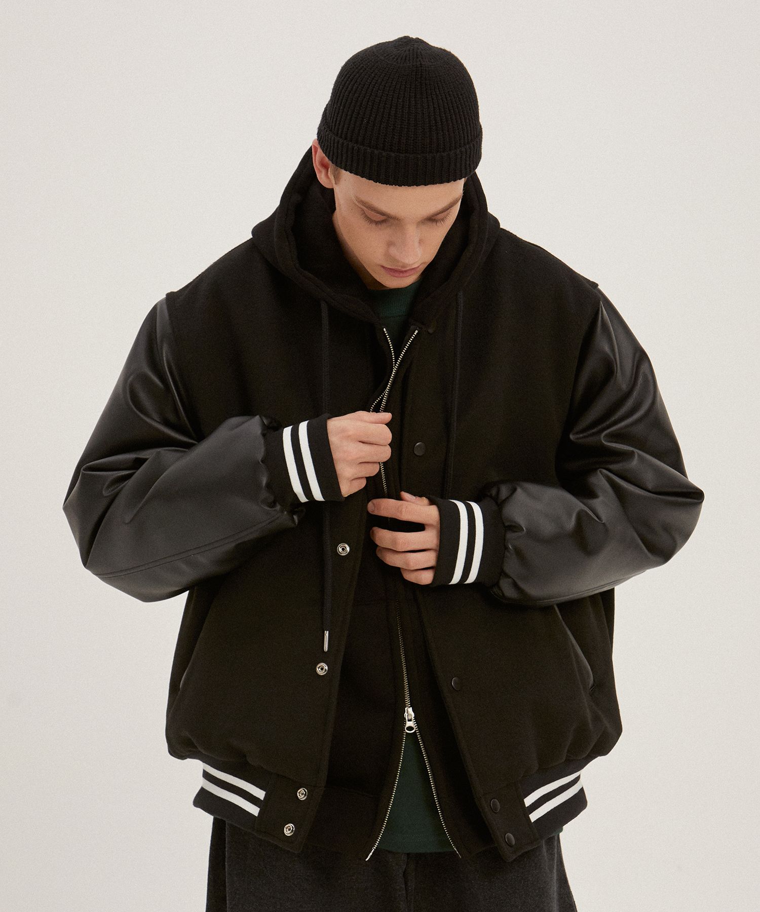 MUSINSA | MOO Basic Stadium Jacket - Black
