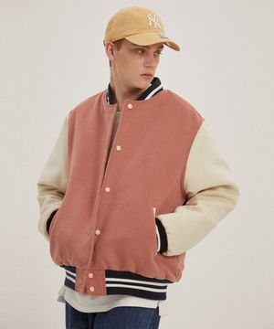 배색 스타디움 자켓 - 인디핑크