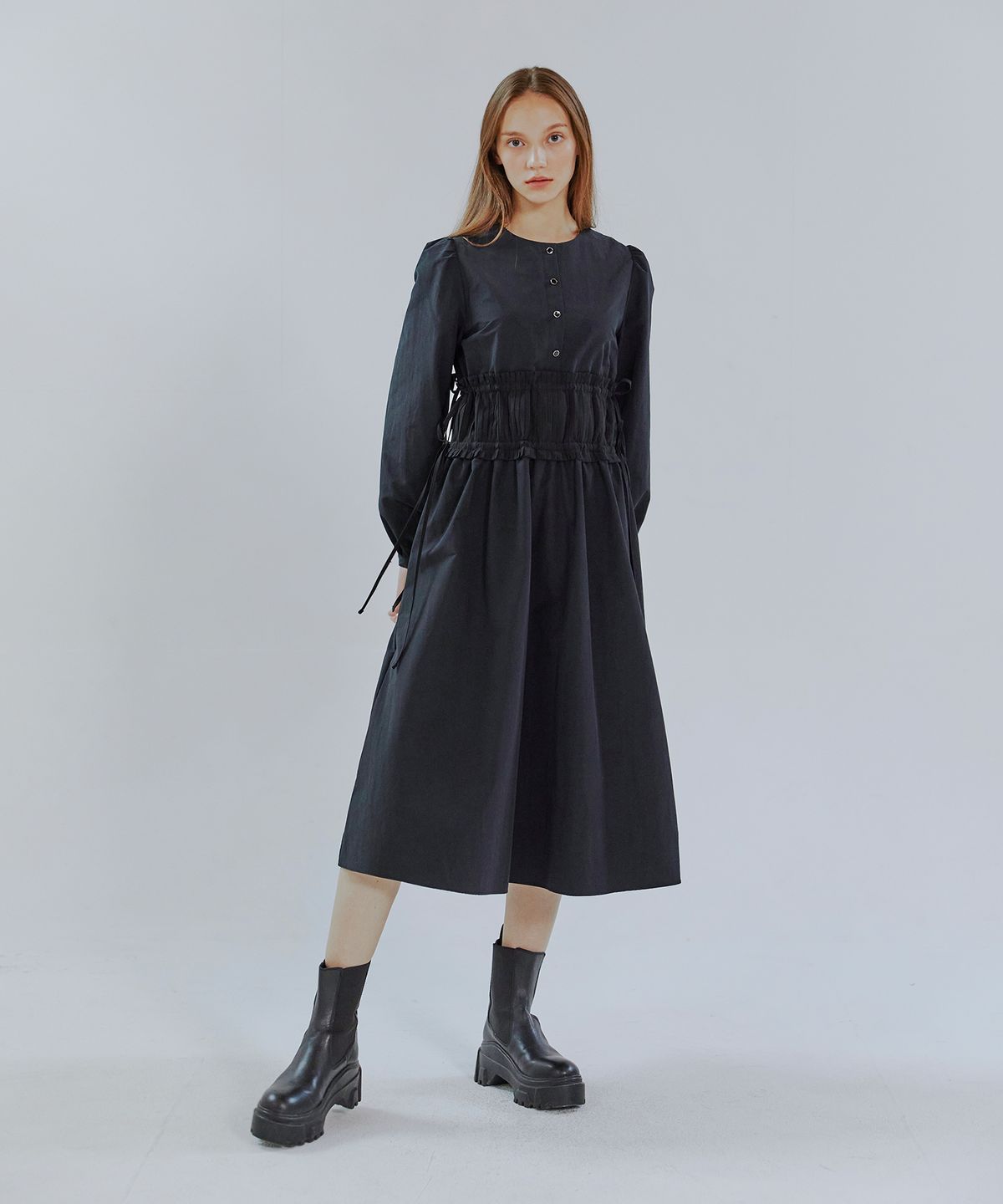 에트몽(ETMON) Waist Pleats String Dress  Black
