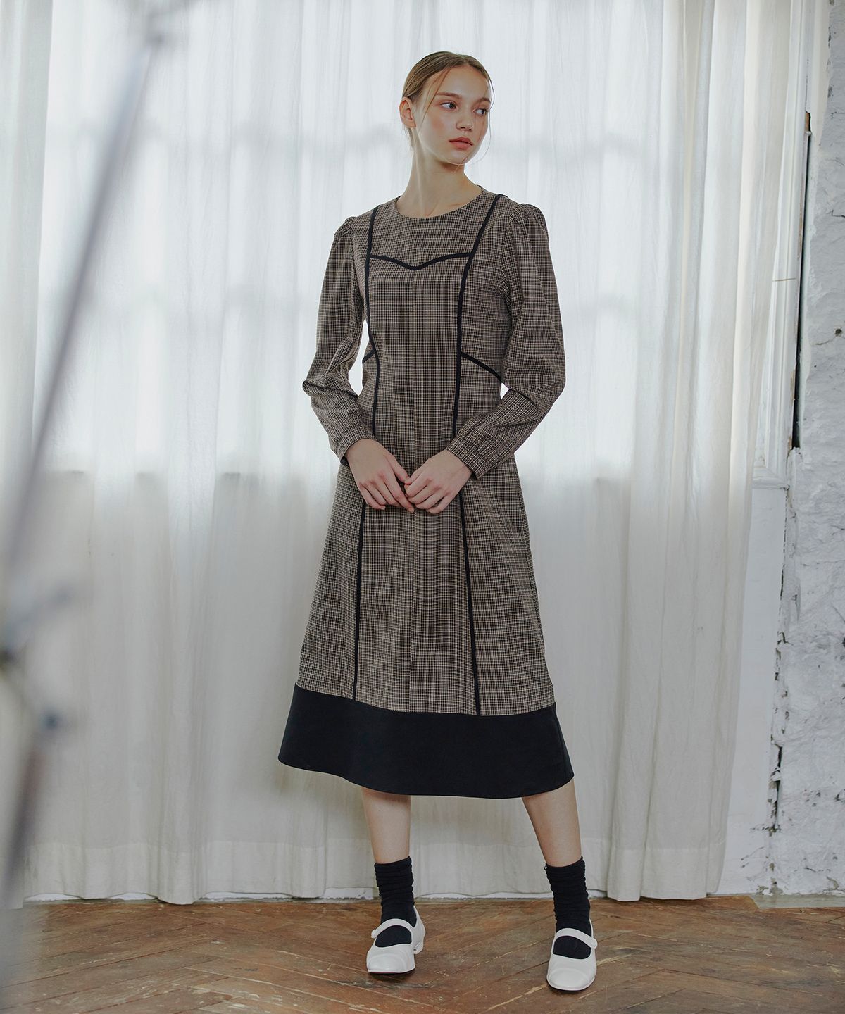 에트몽(ETMON) Color Block Line Dress  Brown