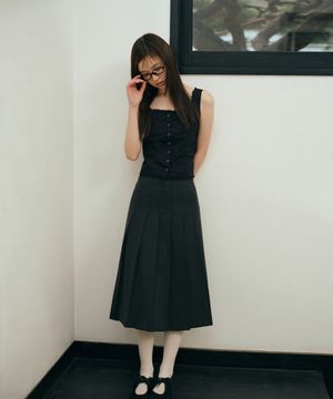 우먼즈 플리츠 미디 스커트 [차콜 그레이]