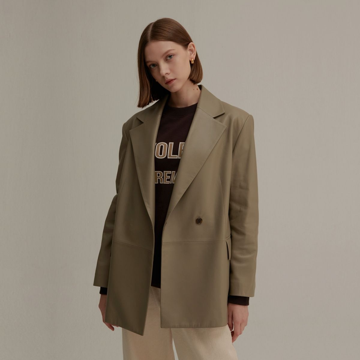 핀블랙(PINBLACK) LAMBSKIN OVERFIT SINGLE BUTTON JACKET KHAKI BEIGE
