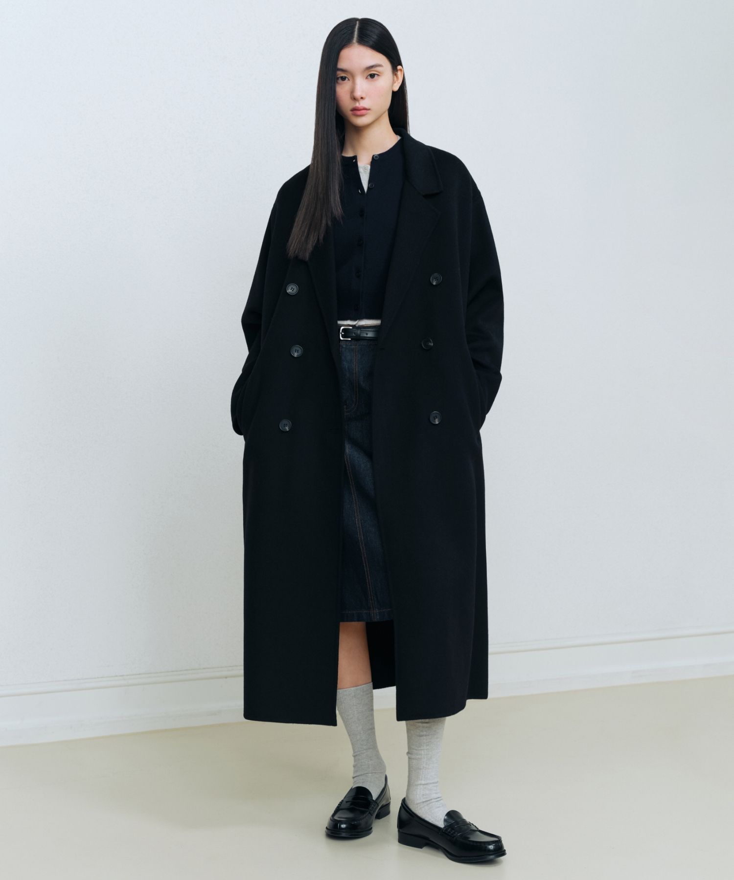 新品タグ付き✨ アンシェヌマン Cashmere Blend Pea Coat Elevated Long Line Winter Coat Wool Cashmere With Oversized Lapels