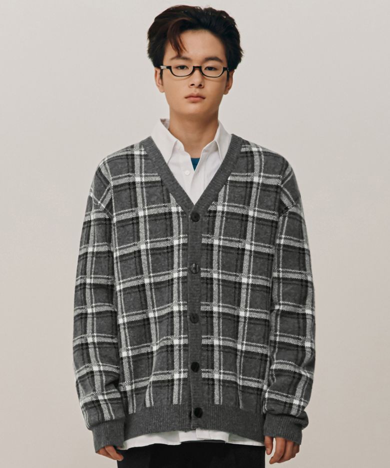 타탄 체크 램스 울 니트 가디건 그레이 COOSCD012GRAY