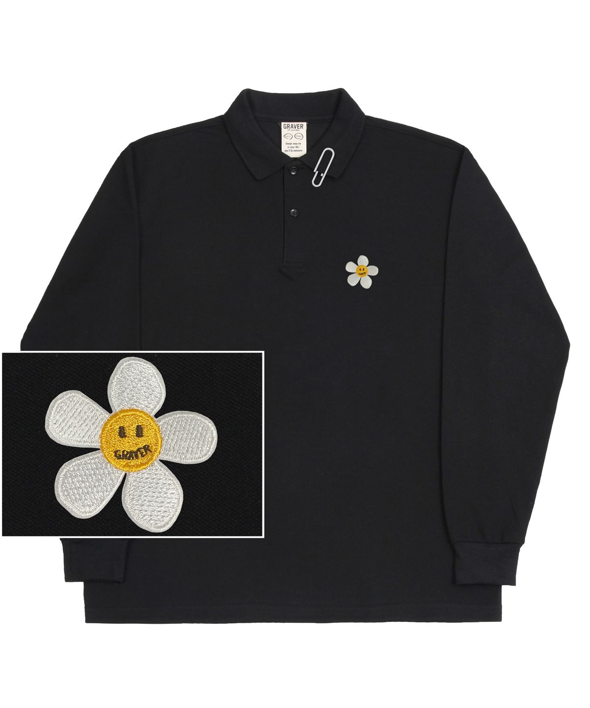 그레이버(GRAVER) [UNISEX]플라워도트 자수 피케이 카라 롱슬리브_블랙