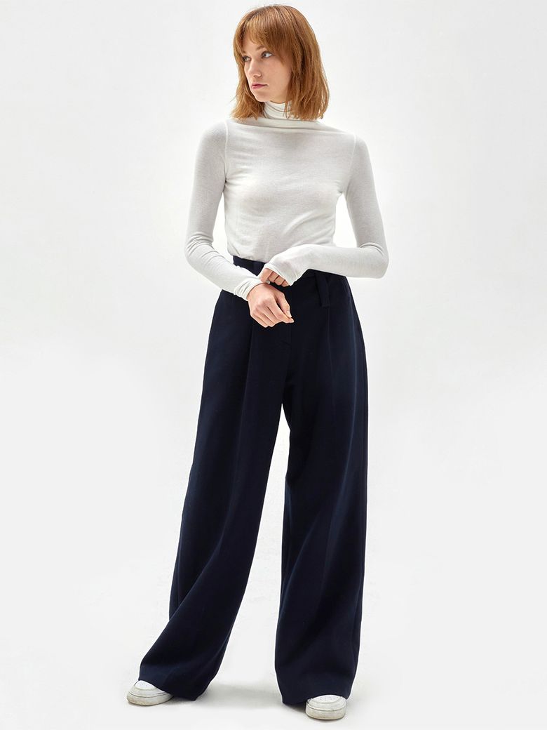 BELTED POINTED WIDE-LEG TROUSERS NAVY