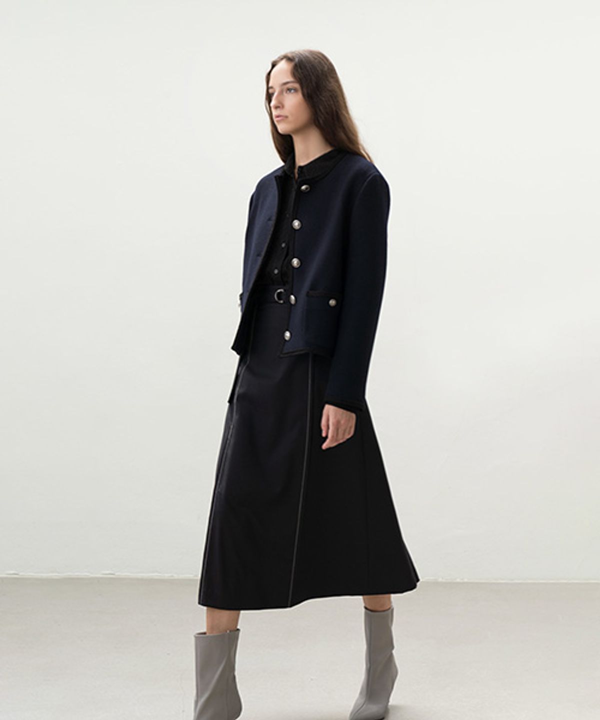 아바몰리(AVA MOLLI) COLLARLESS TWEED JK (NAVY)
