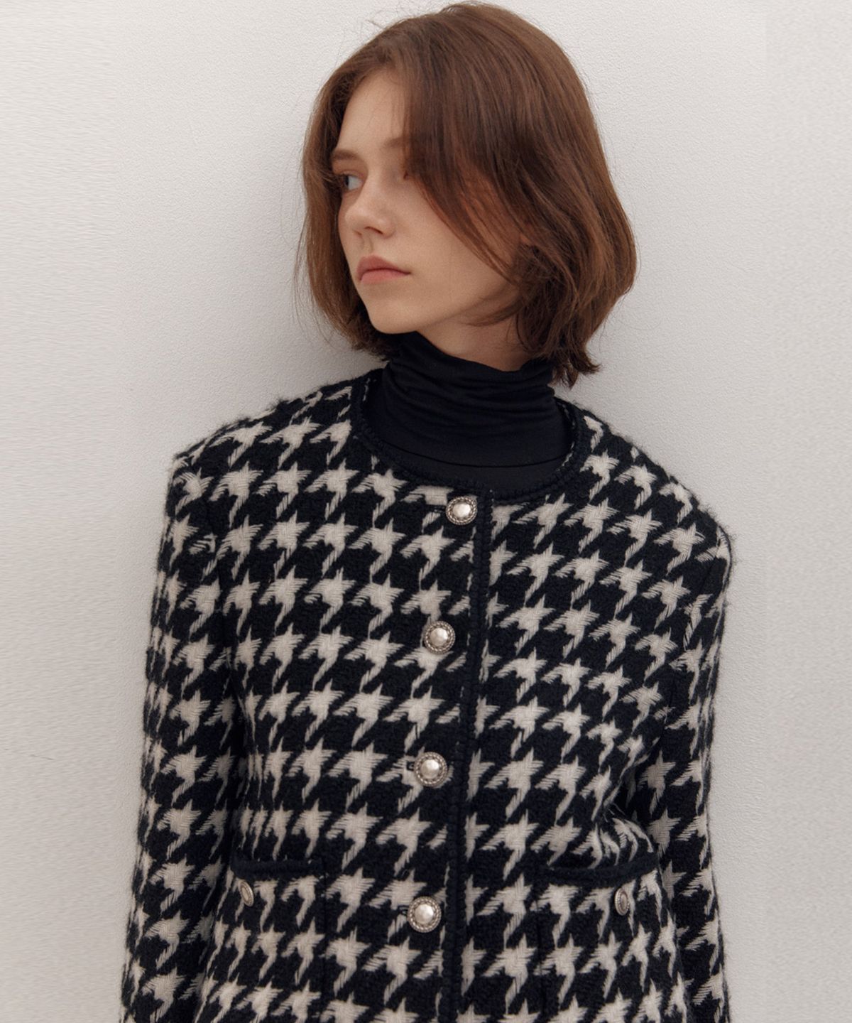 아바몰리(AVA MOLLI) COLLARLESS TWEED JK (GREY&BLACK)