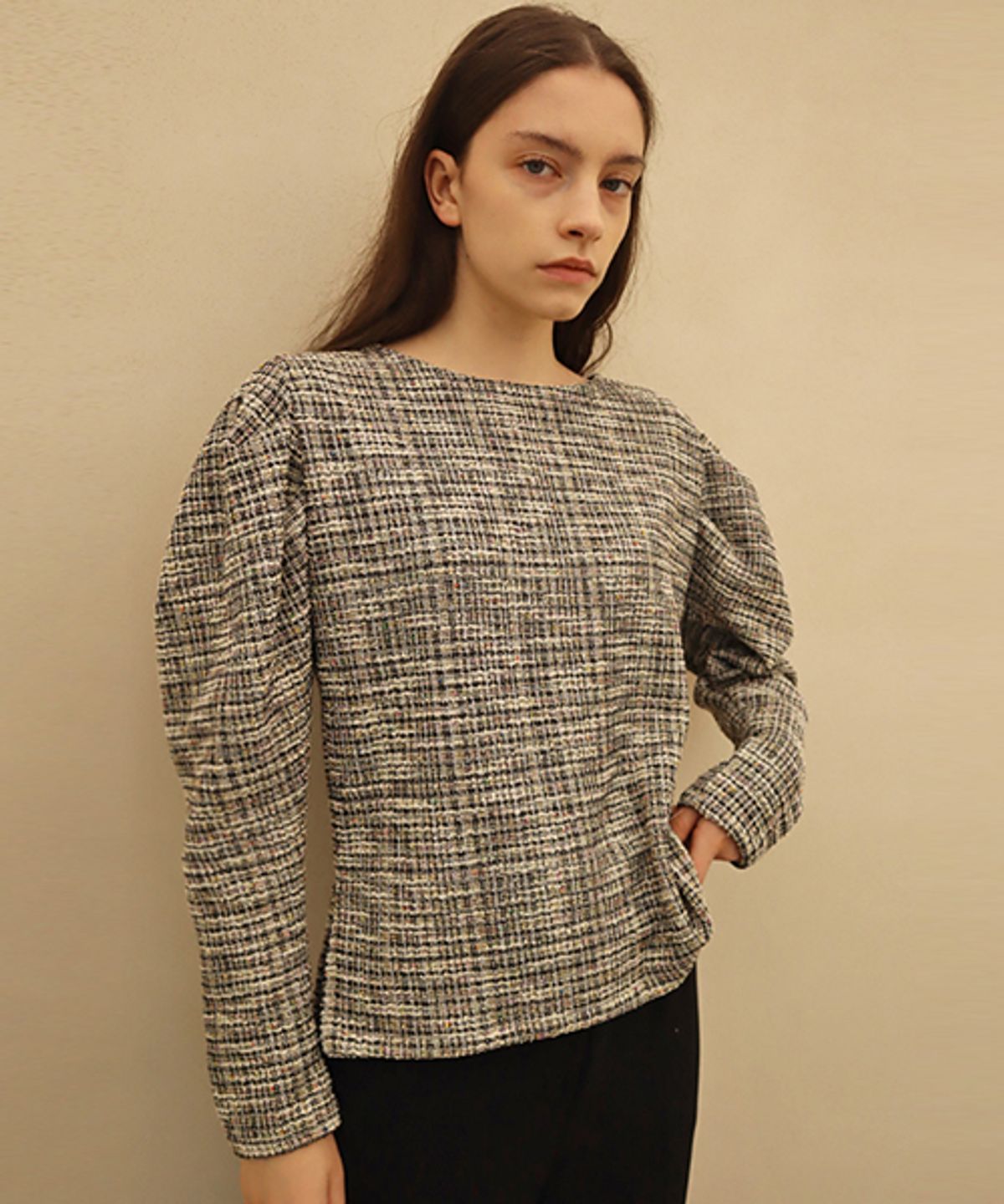 데미지니모닉(DAMAGE MNEMONIC) 트위드 퍼프 블랙 티셔츠_Tweed Puff Black TS