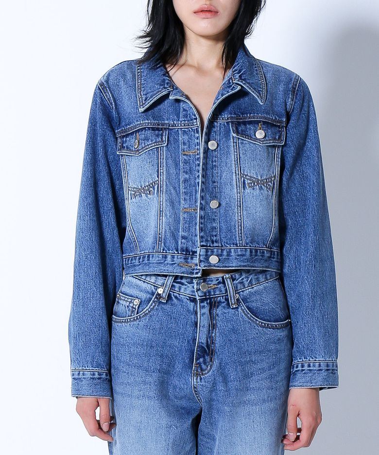 미드 워싱 데님 크롭 숏 자켓